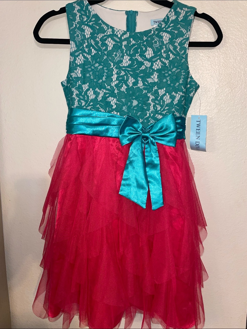Tween Diva Teal Lace & Pink Tulle Party Dress with Satin Bow